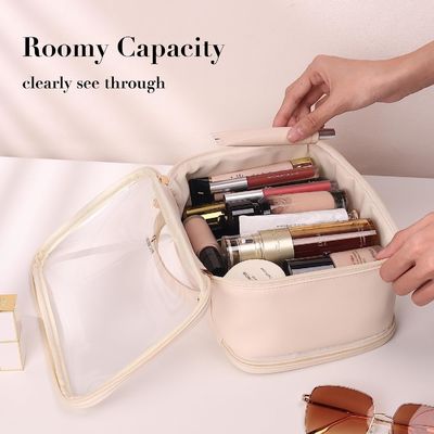Large Leather Double Layer Clear Cosmetic Bag Shockproof With Zipper