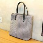 Striped Organic Cotton Canvas Tote Bag Fashion With Leather Handle
