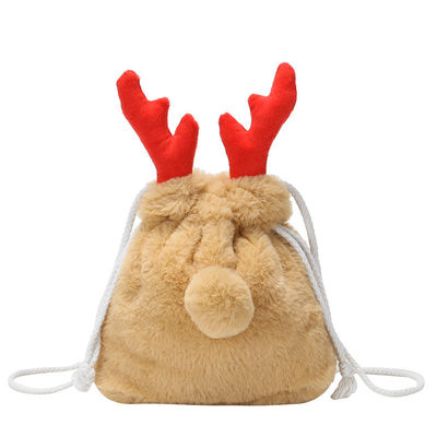 Luxury Christmas Drawstring Bag Winter Fluffy Reindeer Antler Handbag