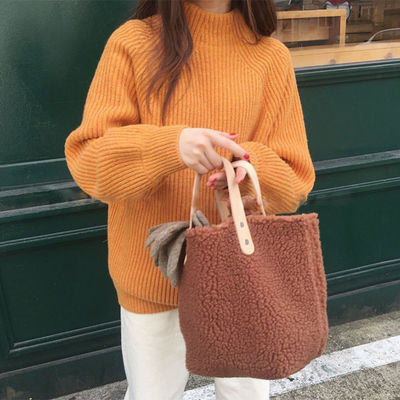 Women Winter Shoulder Bag Lamb Wool Warm Cross-body Hand Bag Portable Casual Beige Khaki Girls Preppy Style