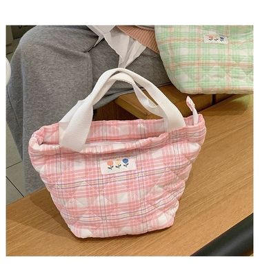 JK Style Insulated Lunch Bag Reusable Tartan Design Cooler Drawstring Picnic Bag