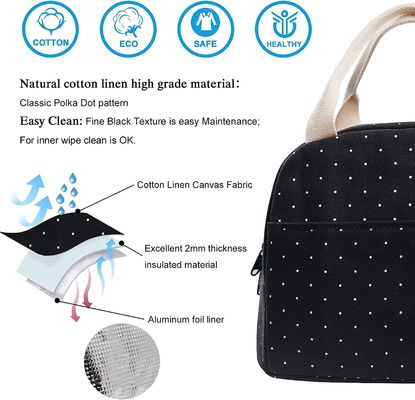 Girls Women Storage Dot Black Lunch Tote Bag Shockproof For Work School