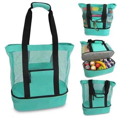 2 IN 1 Mesh Beach Tote Bag With Cooler Compartment Beach Cooler Insulated Tote