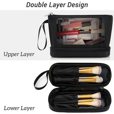 Fashion Black Waterproof Two Layer Cosmetic Pouch Ladies Carry On Clutch Makeup Bag With Brush Organize