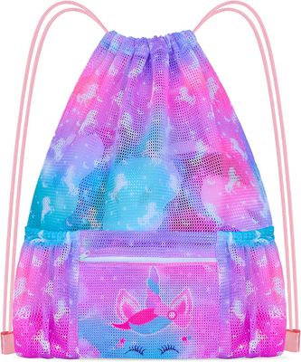 Mesh Drawstring Backpack Bag with Zipper Pocket Beach Bag for Swimming Gear Backpack Gym Storage Bag for Kids