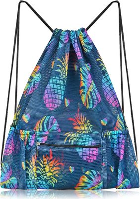 Mesh Drawstring Bag with Zipper Pocket, Beach Bag for Swimming Gear Backpack Gym Storage Bag for Adult Kids