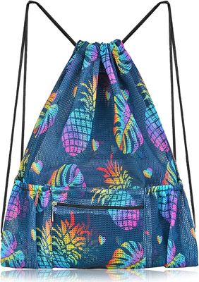 Mesh Drawstring Bag with Zipper Pocket, Beach Bag for Swimming Gear Backpack Gym Storage Bag for Adult Kids