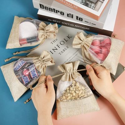 Lightweight Durable Burlap Sheer Bags  Drawstring Gift Bag Jewelry Pouches for Candy Wedding Party Favor