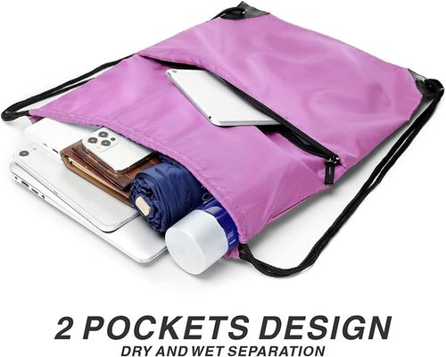 210D Nylon Foldable Sports Gym Drawstring Tote Bag pack Sack W Zipper Side Pocket For Men Women Pink