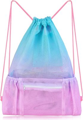 Gym Beach Mesh Drawstring Bag With Zipper Pocket For Swimming Gear Storage