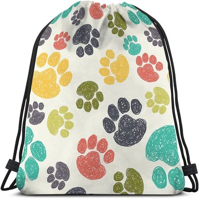 Digital Printed Drawstring Backpack Bag Hand Drawn Doodle Prints Puppy Footprint Drawing