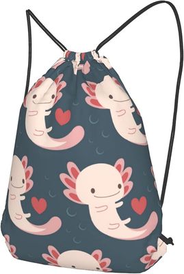 Drawstring Backpack with Axolotls, Hearts and Bubbles - Adorable and Practical - Suitable for Women and Girls