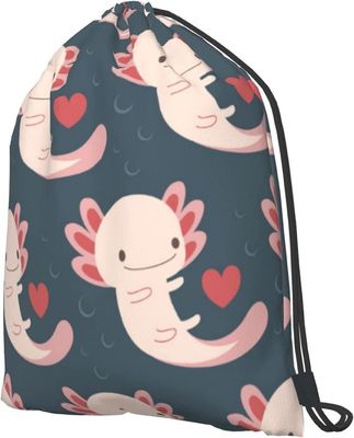 Drawstring Backpack with Axolotls, Hearts and Bubbles - Adorable and Practical - Suitable for Women and Girls