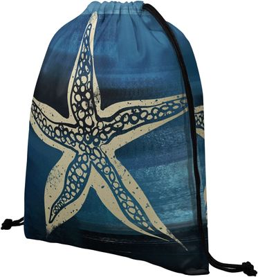 Summer Starfish Drawstring Grip Bags Dark Blue Ocean Animals String Bag Outdoor Sports Storage Bag Lightweight Durable