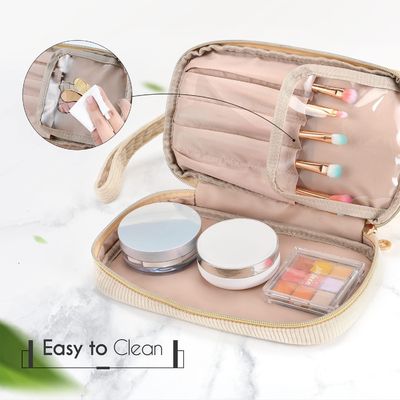 Soft Durable Water-resisitant Travel Makeup Bag, Large Double Layer Make Up Cosmetic Bag for Women