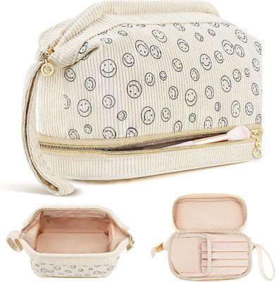 Soft Durable Water-resisitant Travel Makeup Bag, Large Double Layer Make Up Cosmetic Bag for Women