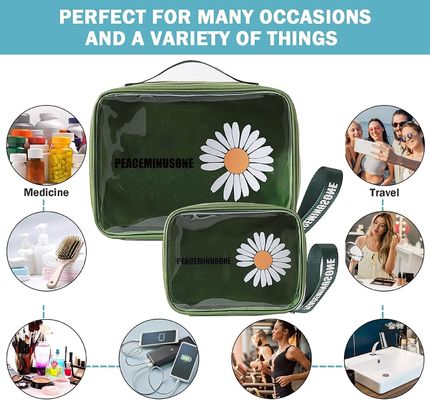 Daisy Transparent Cosmetic PVC Waterproof Travel Makeup Bag Green For Women Men