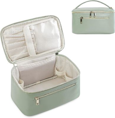 Women Green Travel Makeup Organizer Cosmetic Brush Case in Eco Vegan Leather