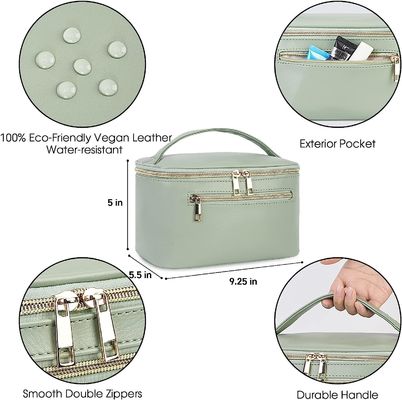 Women Green Travel Makeup Organizer Cosmetic Brush Case in Eco Vegan Leather