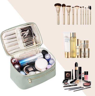 Women Green Travel Makeup Organizer Cosmetic Brush Case in Eco Vegan Leather