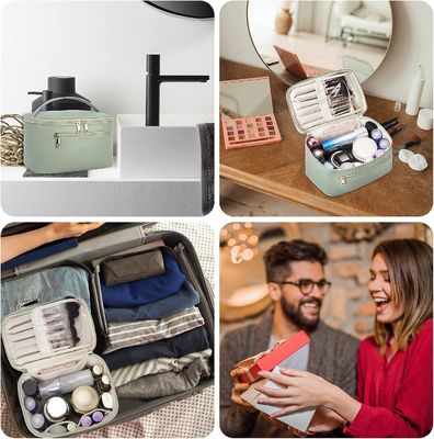 Women Green Travel Makeup Organizer Cosmetic Brush Case in Eco Vegan Leather